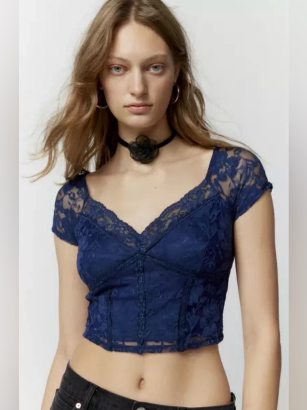 Urban Outfitters Navy Blue Lace Cropped V-Neck Top